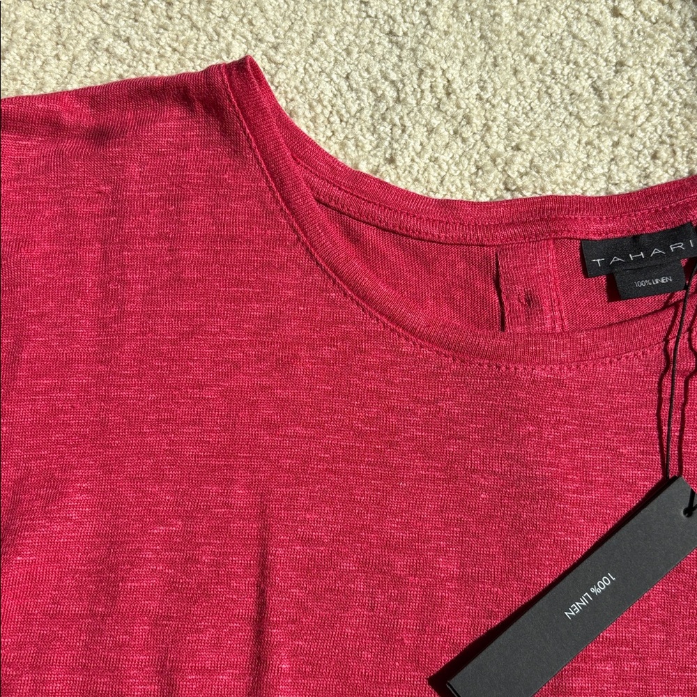 NWT Tahari 100% Linen Button Back Cap Sleeve Top Red size Large - Picture 7 of 9